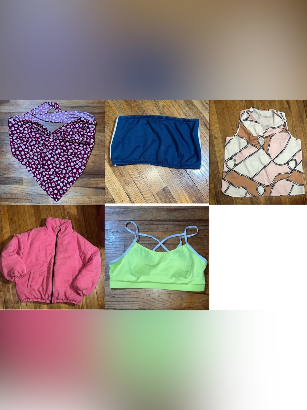 Five xxl and 2x tops: pink puffer, sports bra, tube top, bandana top, tank